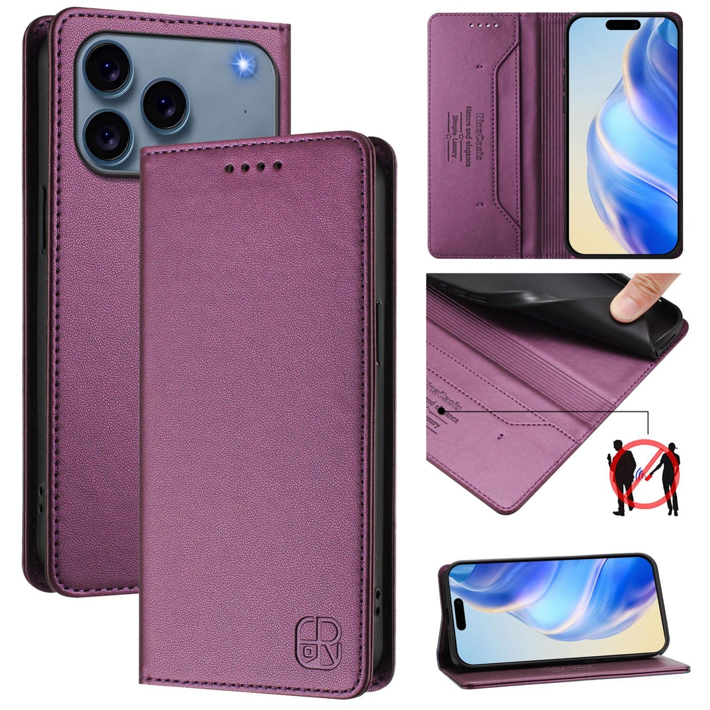 Apple iPhone 17 Pro Max Dual-Folded Magnetic Suction RFID Blocking PU Leather Wallet Phone Case with Card Slots, Cash Pocket, Kickstand, Full Protective Flip Cover
