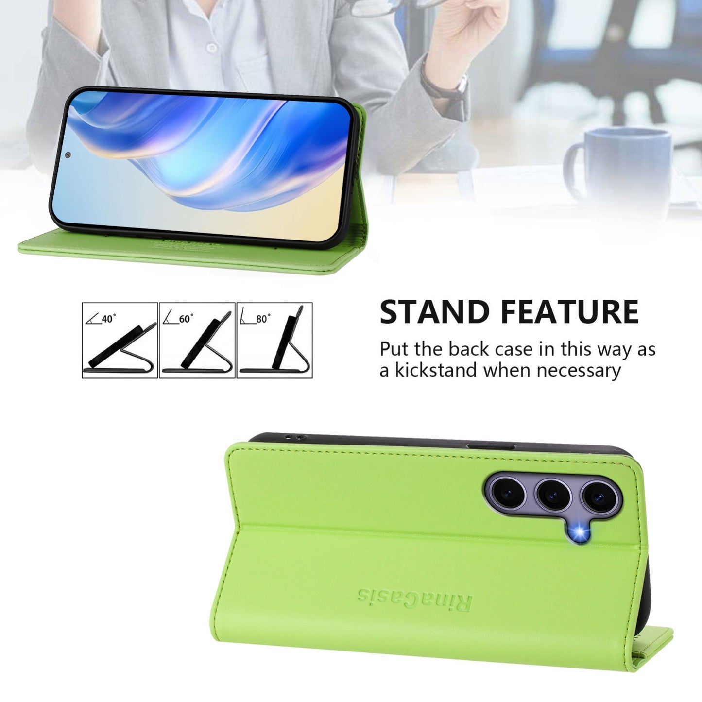 Samsung Galaxy S24 5G Dual-Folded Magnetic Suction RFID Blocking PU Leather Wallet Phone Case with Card Slots, Cash Pocket, Kickstand, Full Protective Flip Cover
