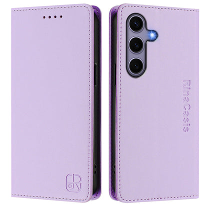 Samsung Galaxy S25 5G Dual-Folded Magnetic Suction RFID Blocking PU Leather Wallet Phone Case with Card Slots, Cash Pocket, Kickstand, Full Protective Flip Cover