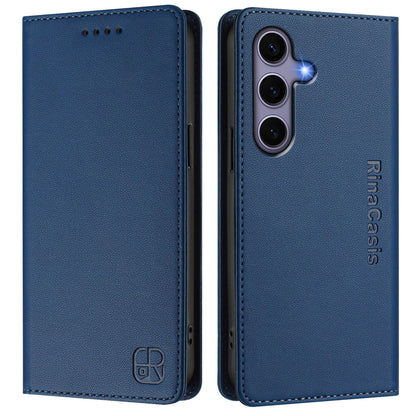 Samsung Galaxy S25 5G Dual-Folded Magnetic Suction RFID Blocking PU Leather Wallet Phone Case with Card Slots, Cash Pocket, Kickstand, Full Protective Flip Cover