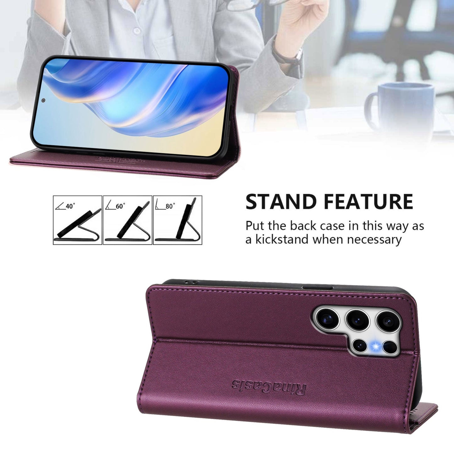 Samsung Galaxy S24 Ultra 5G Dual-Folded Magnetic Suction RFID Blocking PU Leather Wallet Phone Case with Card Slots, Cash Pocket, Kickstand, Full Protective Flip Cover
