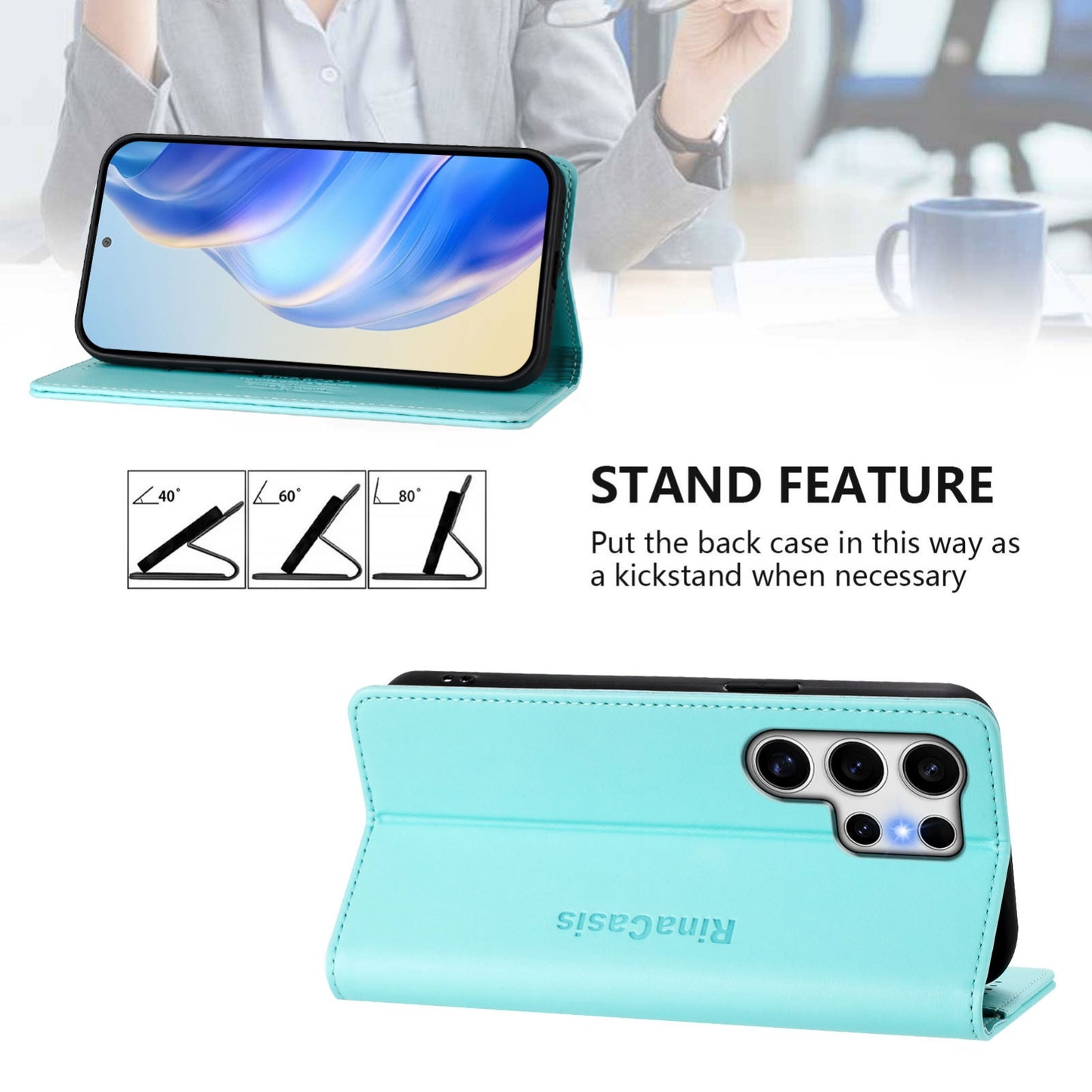 Samsung Galaxy S25 Ultra 5G Dual-Folded Magnetic Suction RFID Blocking PU Leather Wallet Phone Case with Card Slots, Cash Pocket, Kickstand, Full Protective Flip Cover