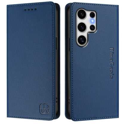 Samsung Galaxy S25 Ultra 5G Dual-Folded Magnetic Suction RFID Blocking PU Leather Wallet Phone Case with Card Slots, Cash Pocket, Kickstand, Full Protective Flip Cover