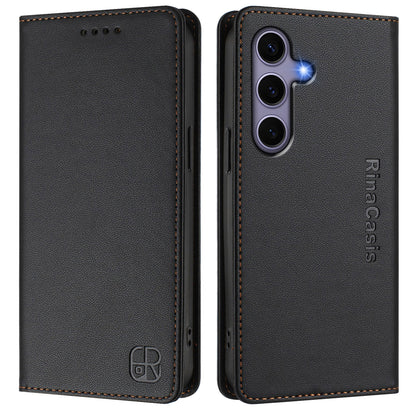 Samsung Galaxy S24 FE 5G Dual-Folded Magnetic Suction RFID Blocking PU Leather Wallet Phone Case with Card Slots, Cash Pocket, Kickstand, Full Protective Flip Cover