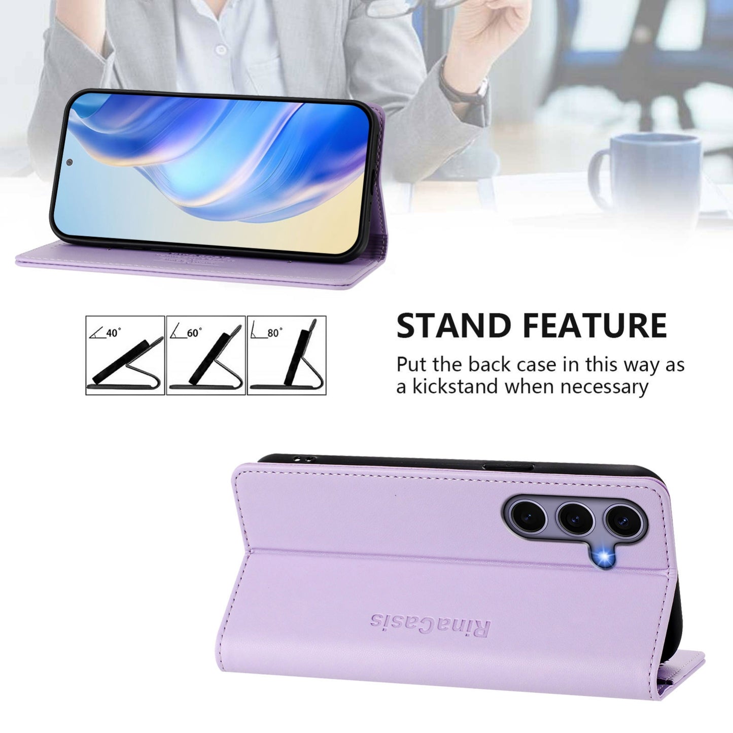 Samsung Galaxy S24 FE 5G Dual-Folded Magnetic Suction RFID Blocking PU Leather Wallet Phone Case with Card Slots, Cash Pocket, Kickstand, Full Protective Flip Cover