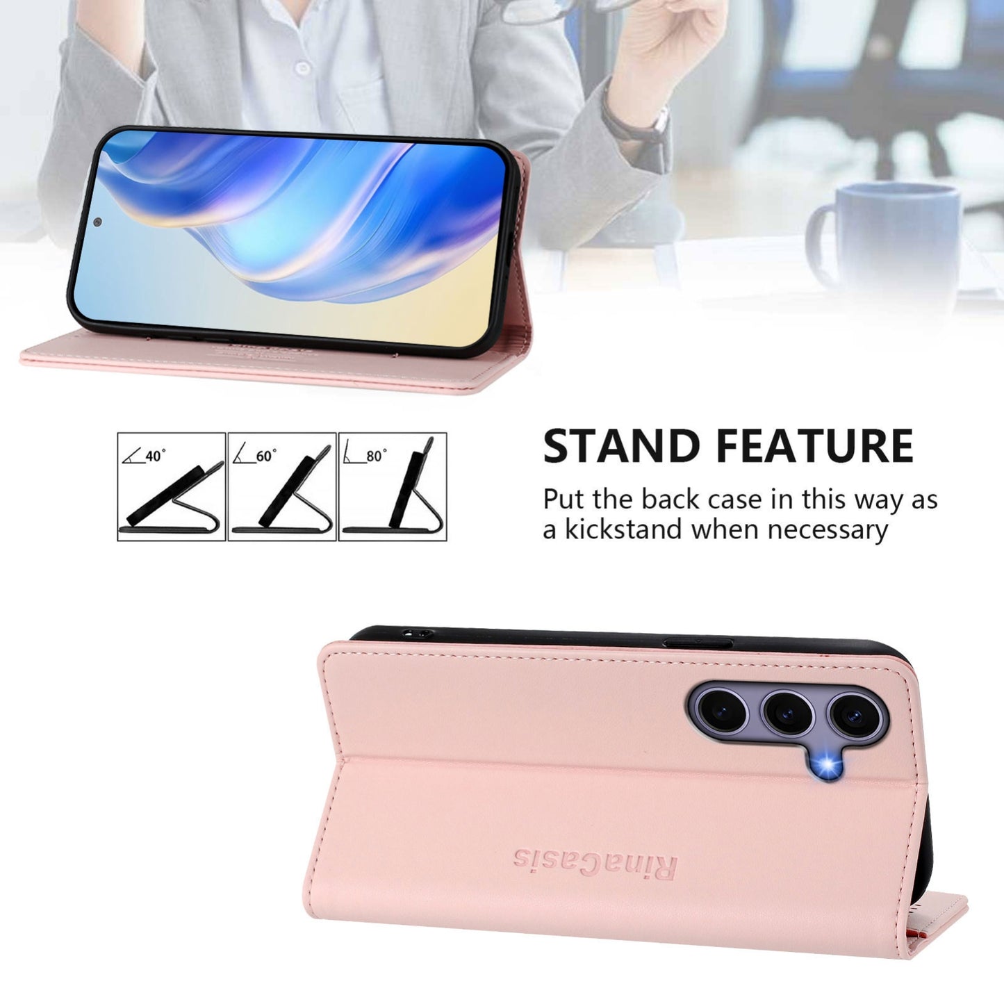 Samsung Galaxy S23 FE 5G Dual-Folded Magnetic Suction RFID Blocking PU Leather Wallet Phone Case with Card Slots, Cash Pocket, Kickstand, Full Protective Flip Cover