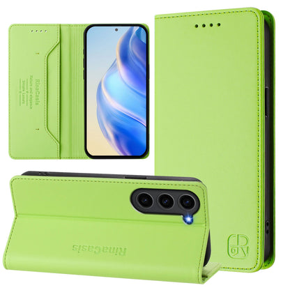 Samsung Galaxy S23 5G Dual-Folded Magnetic Suction RFID Blocking PU Leather Wallet Phone Case with Card Slots, Cash Pocket, Kickstand, Full Protective Flip Cover
