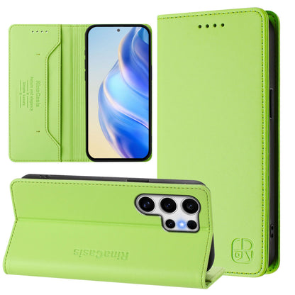 Samsung Galaxy S22 Ultra 5G Dual-Folded Magnetic Suction RFID Blocking PU Leather Wallet Phone Case with Card Slots, Cash Pocket, Kickstand, Full Protective Flip Cover