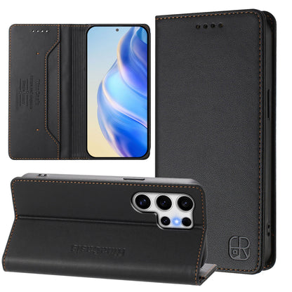 Samsung Galaxy S22 Ultra 5G Dual-Folded Magnetic Suction RFID Blocking PU Leather Wallet Phone Case with Card Slots, Cash Pocket, Kickstand, Full Protective Flip Cover