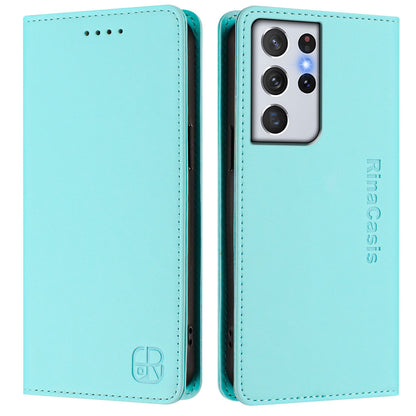 Samsung Galaxy S21 Ultra 5G Dual-Folded Magnetic Suction RFID Blocking PU Leather Wallet Phone Case with Card Slots, Cash Pocket, Kickstand, Full Protective Flip Cover