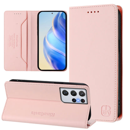 Samsung Galaxy S21 Ultra 5G Dual-Folded Magnetic Suction RFID Blocking PU Leather Wallet Phone Case with Card Slots, Cash Pocket, Kickstand, Full Protective Flip Cover