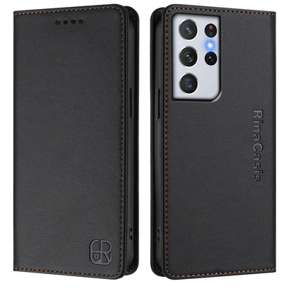 Samsung Galaxy S21 Ultra 5G Dual-Folded Magnetic Suction RFID Blocking PU Leather Wallet Phone Case with Card Slots, Cash Pocket, Kickstand, Full Protective Flip Cover