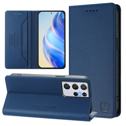Samsung Galaxy S21 Ultra 5G Dual-Folded Magnetic Suction RFID Blocking PU Leather Wallet Phone Case with Card Slots, Cash Pocket, Kickstand, Full Protective Flip Cover