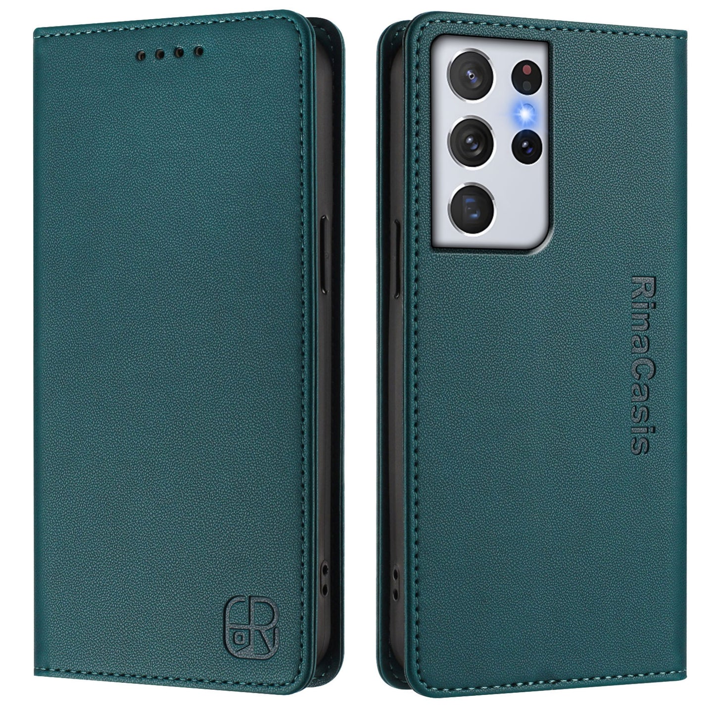 Samsung Galaxy S21 Ultra 5G Dual-Folded Magnetic Suction RFID Blocking PU Leather Wallet Phone Case with Card Slots, Cash Pocket, Kickstand, Full Protective Flip Cover