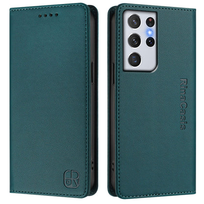 Samsung Galaxy S21 Ultra 5G Dual-Folded Magnetic Suction RFID Blocking PU Leather Wallet Phone Case with Card Slots, Cash Pocket, Kickstand, Full Protective Flip Cover