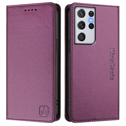 Samsung Galaxy S21 Ultra 5G Dual-Folded Magnetic Suction RFID Blocking PU Leather Wallet Phone Case with Card Slots, Cash Pocket, Kickstand, Full Protective Flip Cover