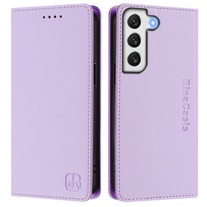 Samsung Galaxy S22 5G Dual-Folded Magnetic Suction RFID Blocking PU Leather Wallet Phone Case with Card Slots, Cash Pocket, Kickstand, Full Protective Flip Cover