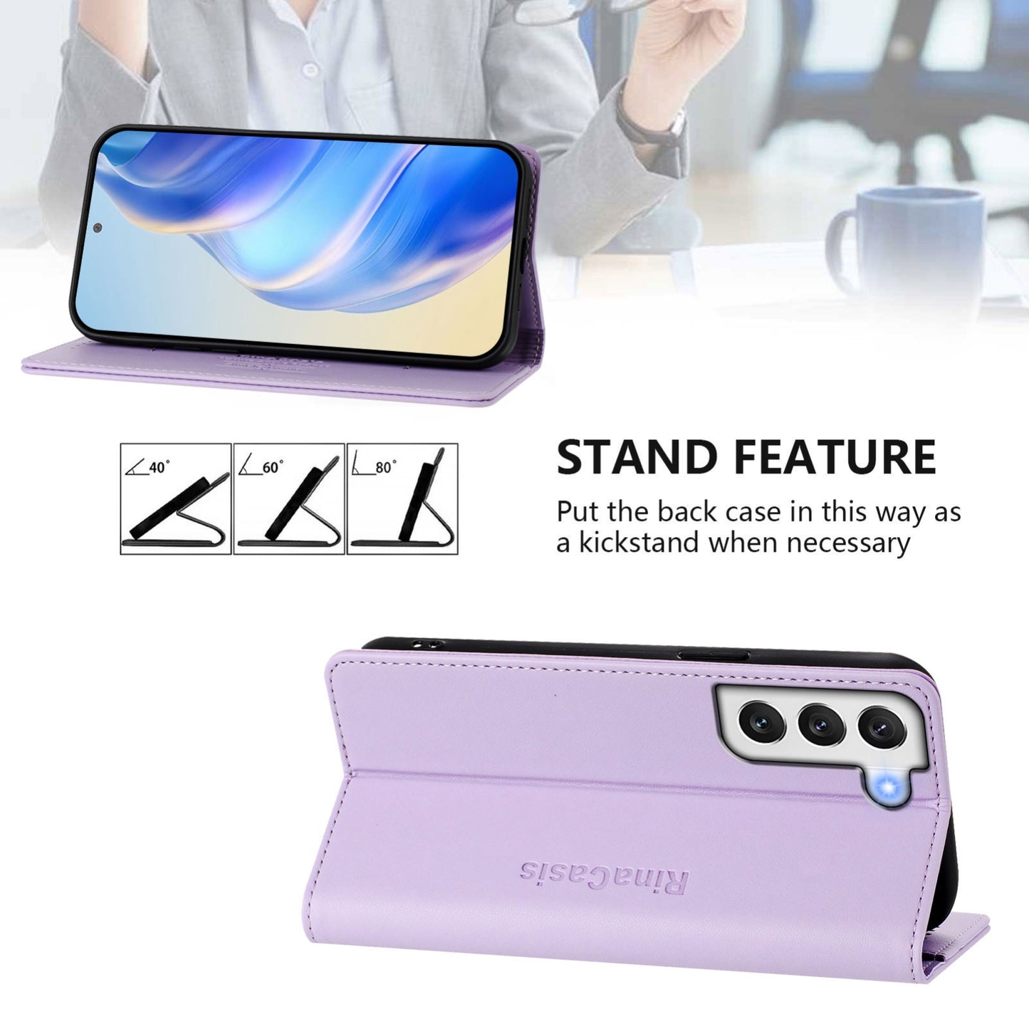 Samsung Galaxy S22 5G Dual-Folded Magnetic Suction RFID Blocking PU Leather Wallet Phone Case with Card Slots, Cash Pocket, Kickstand, Full Protective Flip Cover