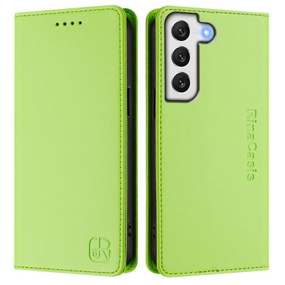 Samsung Galaxy S21 5G Dual-Folded Magnetic Suction RFID Blocking PU Leather Wallet Phone Case with Card Slots, Cash Pocket, Kickstand, Full Protective Flip Cover