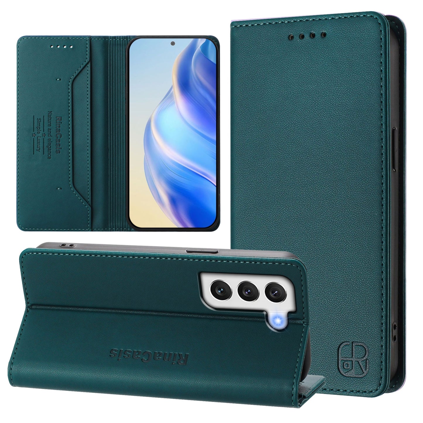 Samsung Galaxy S21 5G Dual-Folded Magnetic Suction RFID Blocking PU Leather Wallet Phone Case with Card Slots, Cash Pocket, Kickstand, Full Protective Flip Cover