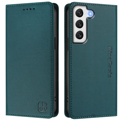 Samsung Galaxy S21 5G Dual-Folded Magnetic Suction RFID Blocking PU Leather Wallet Phone Case with Card Slots, Cash Pocket, Kickstand, Full Protective Flip Cover