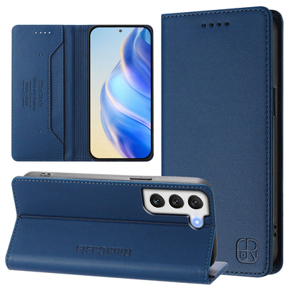 Samsung Galaxy S21+ 5G Dual-Folded Magnetic Suction RFID Blocking PU Leather Wallet Phone Case with Card Slots, Cash Pocket, Kickstand, Full Protective Flip Cover