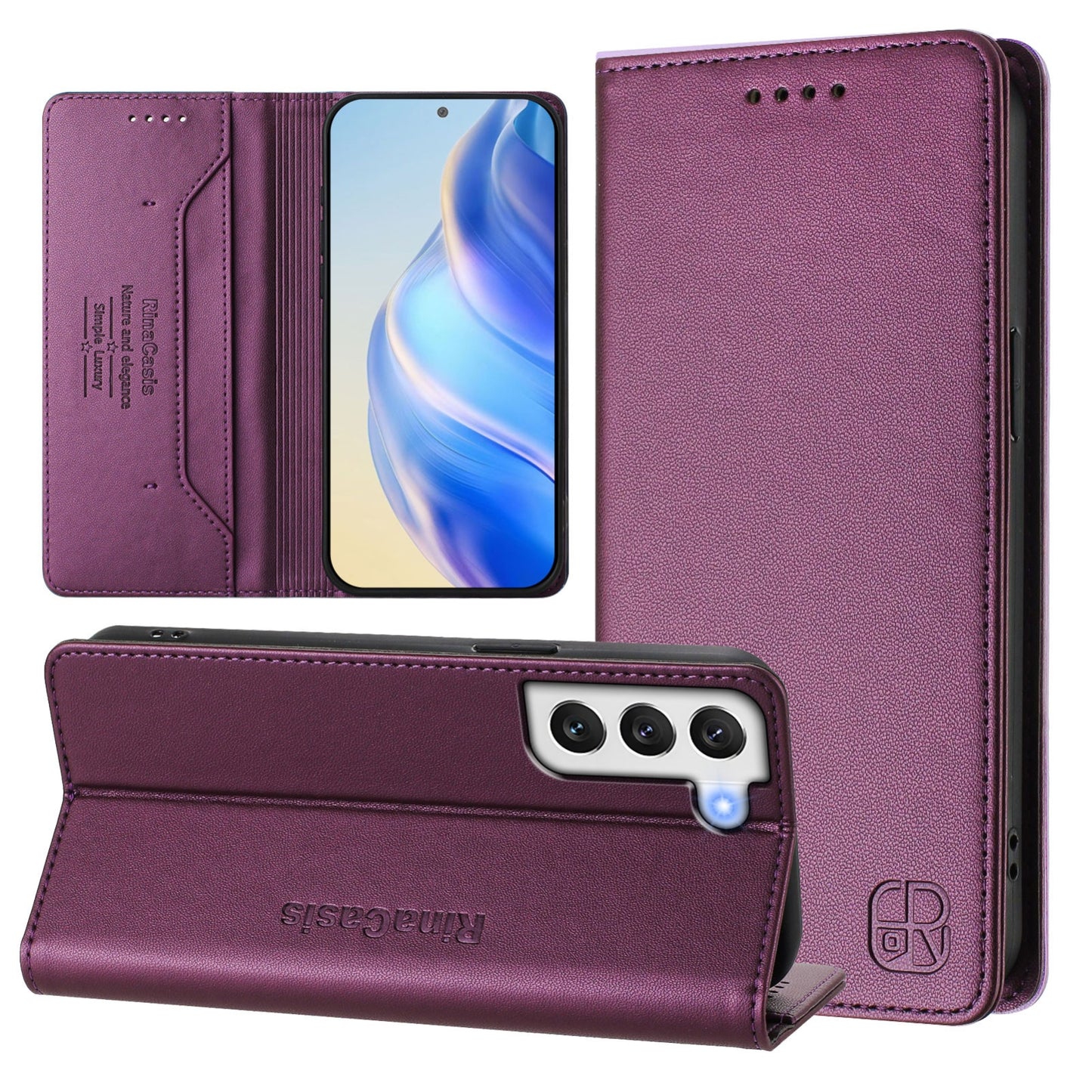 Samsung Galaxy S21+ 5G Dual-Folded Magnetic Suction RFID Blocking PU Leather Wallet Phone Case with Card Slots, Cash Pocket, Kickstand, Full Protective Flip Cover