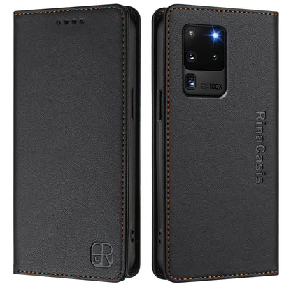 Samsung Galaxy S20 Ultra Dual-Folded Magnetic Suction RFID Blocking PU Leather Wallet Phone Case with Card Slots, Cash Pocket, Kickstand, Full Protective Flip Cover