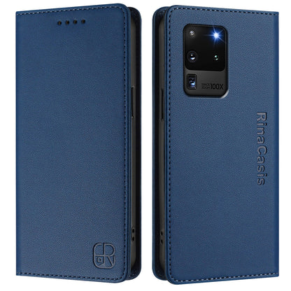 Samsung Galaxy S20 Ultra Dual-Folded Magnetic Suction RFID Blocking PU Leather Wallet Phone Case with Card Slots, Cash Pocket, Kickstand, Full Protective Flip Cover