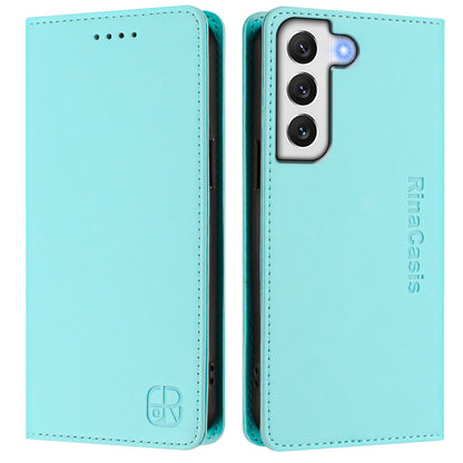 Samsung Galaxy S21 FE 5G Dual-Folded Magnetic Suction RFID Blocking PU Leather Wallet Phone Case with Card Slots, Cash Pocket, Kickstand, Full Protective Flip Cover