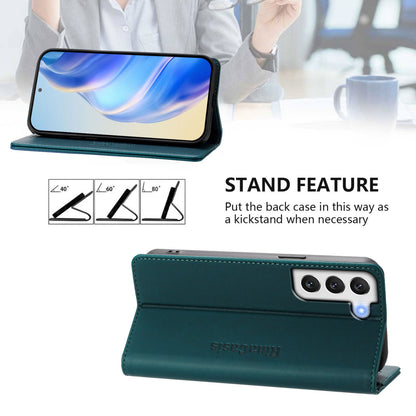 Samsung Galaxy S21 FE 5G Dual-Folded Magnetic Suction RFID Blocking PU Leather Wallet Phone Case with Card Slots, Cash Pocket, Kickstand, Full Protective Flip Cover