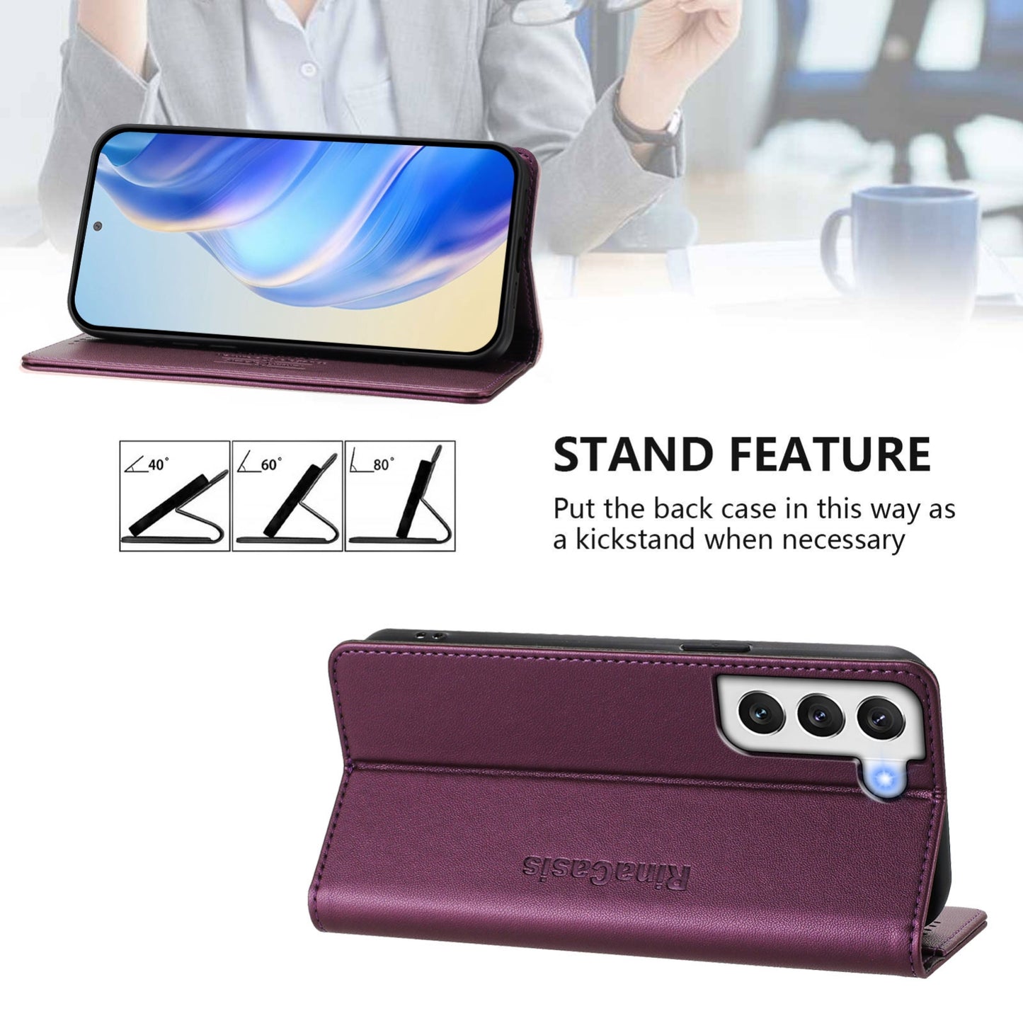 Samsung Galaxy S21 FE 5G Dual-Folded Magnetic Suction RFID Blocking PU Leather Wallet Phone Case with Card Slots, Cash Pocket, Kickstand, Full Protective Flip Cover