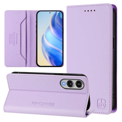 Samsung Galaxy S25 Edge 5G Dual-Folded Magnetic Suction RFID Blocking PU Leather Wallet Phone Case with Card Slots, Cash Pocket, Kickstand, Full Protective Flip Cover