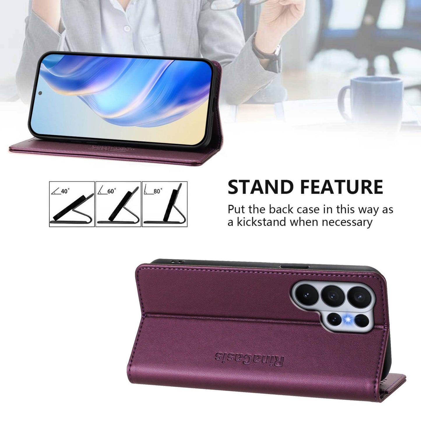 Samsung Galaxy S26 Ultra 5G Dual-Folded Magnetic Suction RFID Blocking PU Leather Wallet Phone Case with Card Slots, Cash Pocket, Kickstand, Full Protective Flip Cover