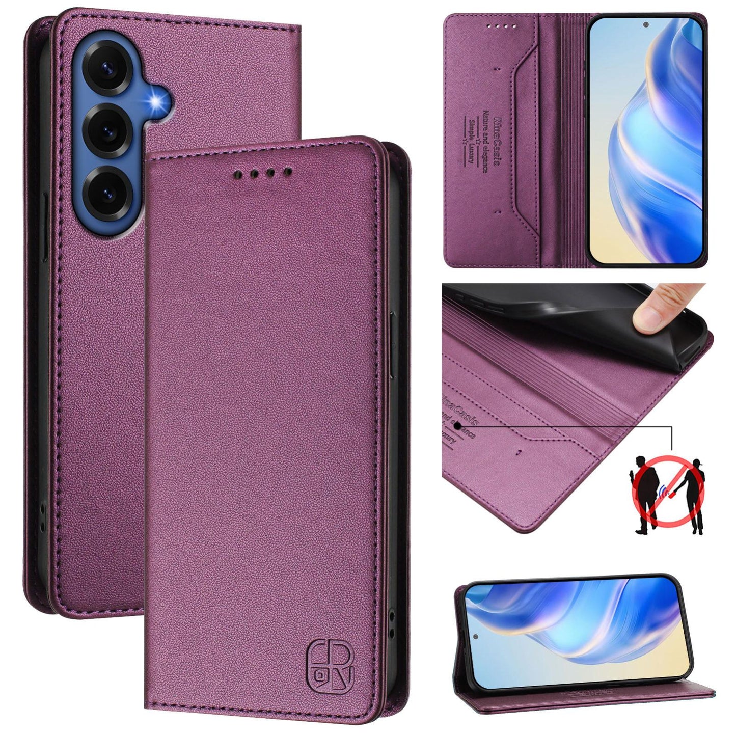 Samsung Galaxy S26+ 5G Dual-Folded Magnetic Suction RFID Blocking PU Leather Wallet Phone Case with Card Slots, Cash Pocket, Kickstand, Full Protective Flip Cover