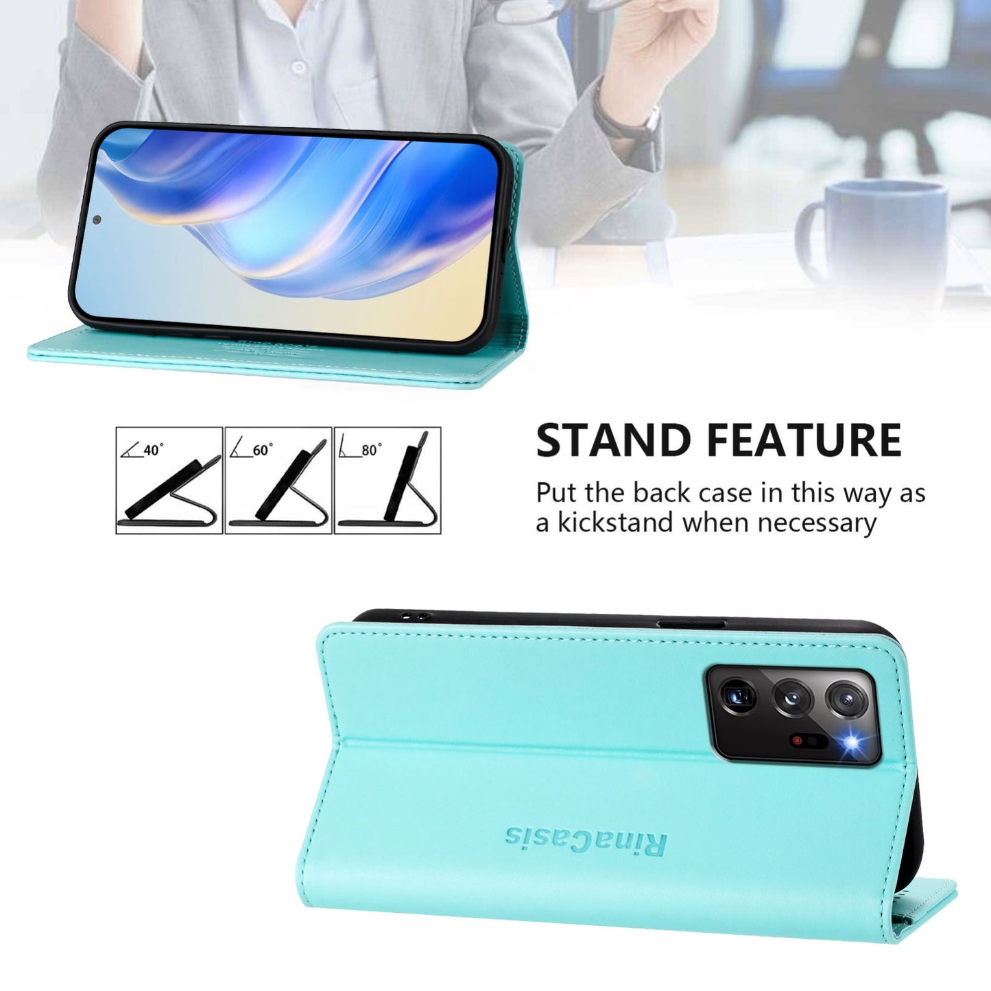Samsung Galaxy Note20 Ultra Dual-Folded Magnetic Suction RFID Blocking PU Leather Wallet Phone Case with Card Slots, Cash Pocket, Kickstand, Full Protective Flip Cover