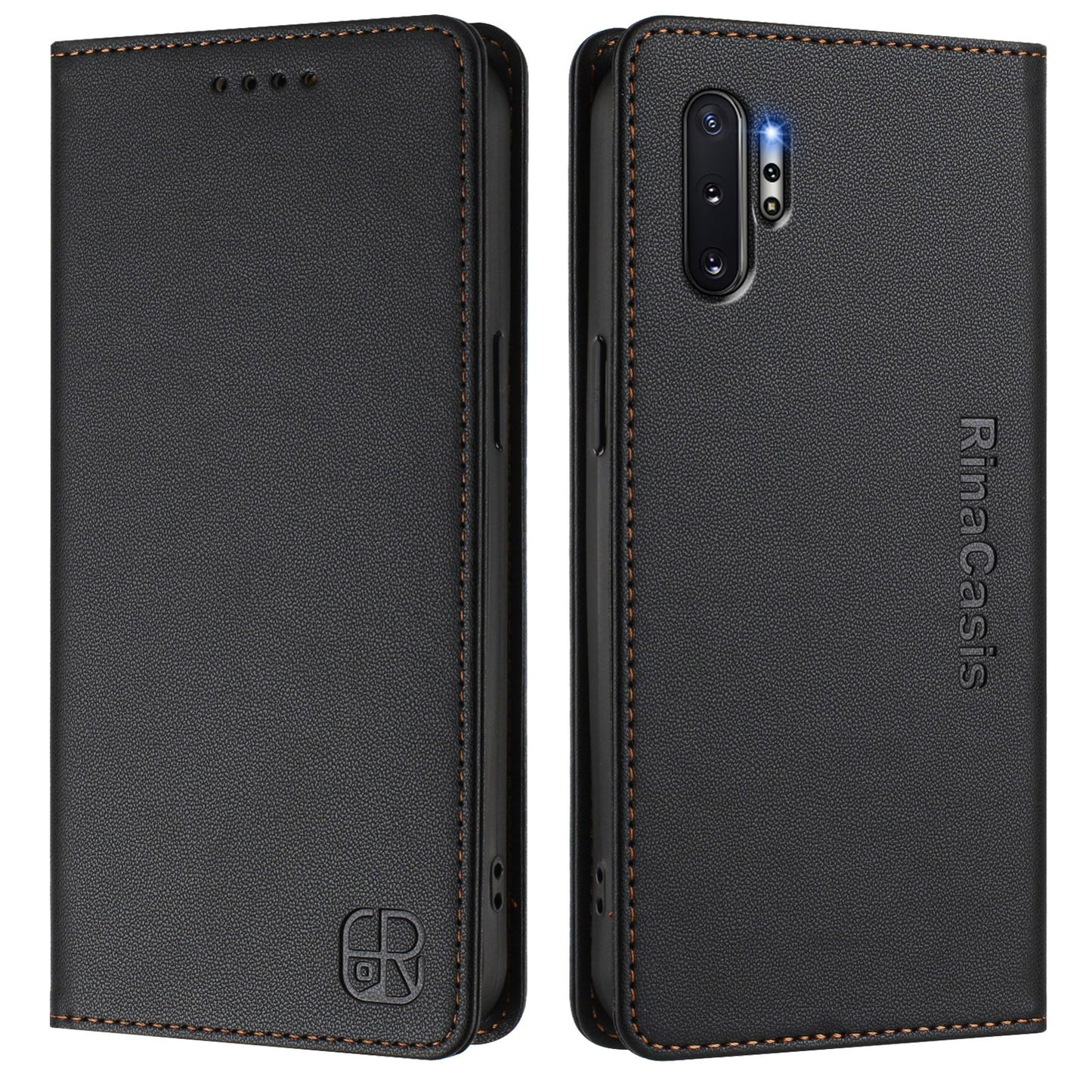 Samsung Galaxy Note10+ Dual-Folded Magnetic Suction RFID Blocking PU Leather Wallet Phone Case with Card Slots, Cash Pocket, Kickstand, Full Protective Flip Cover