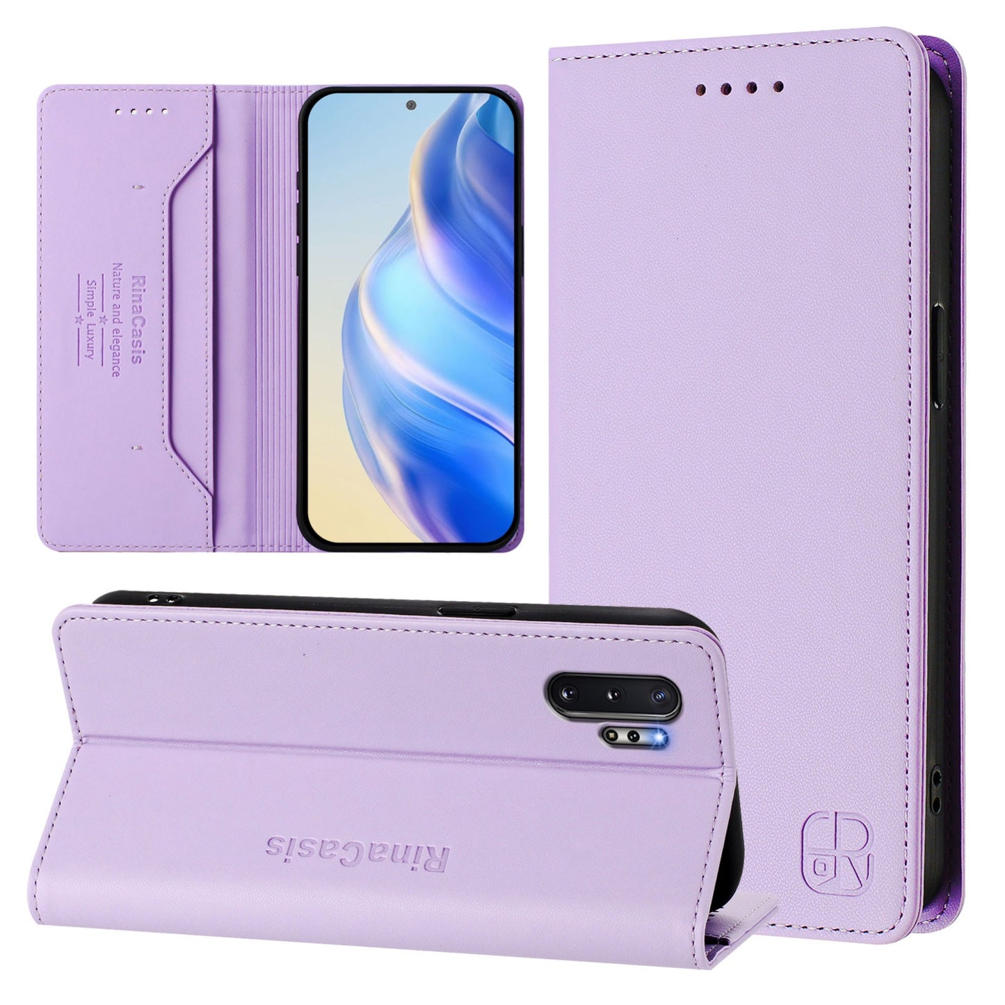 Samsung Galaxy Note10+ Dual-Folded Magnetic Suction RFID Blocking PU Leather Wallet Phone Case with Card Slots, Cash Pocket, Kickstand, Full Protective Flip Cover