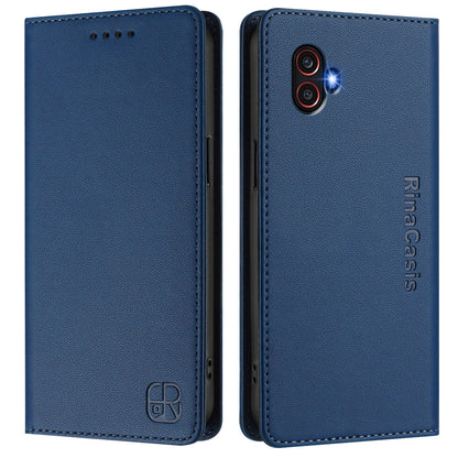Samsung Galaxy XCover 6 Pro Dual-Folded Magnetic Suction RFID Blocking PU Leather Wallet Phone Case with Card Slots, Cash Pocket, Kickstand, Full Protective Flip Cover