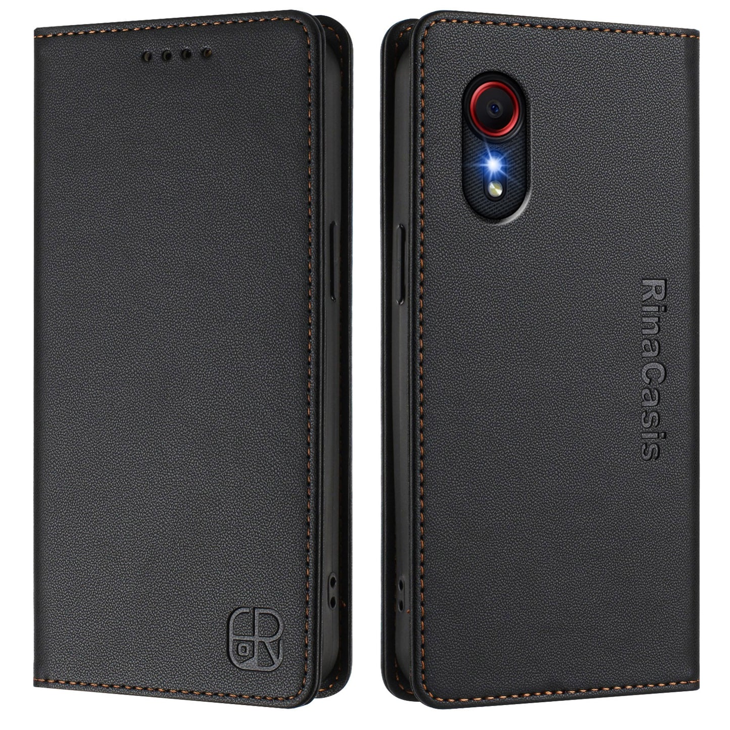 Samsung Galaxy XCover 5 Dual-Folded Magnetic Suction RFID Blocking PU Leather Wallet Phone Case with Card Slots, Cash Pocket, Kickstand, Full Protective Flip Cover