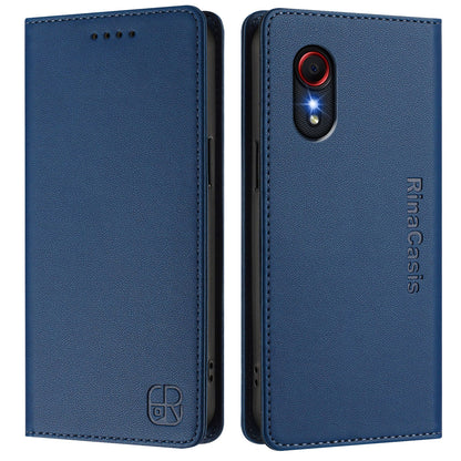 Samsung Galaxy XCover 5 Dual-Folded Magnetic Suction RFID Blocking PU Leather Wallet Phone Case with Card Slots, Cash Pocket, Kickstand, Full Protective Flip Cover