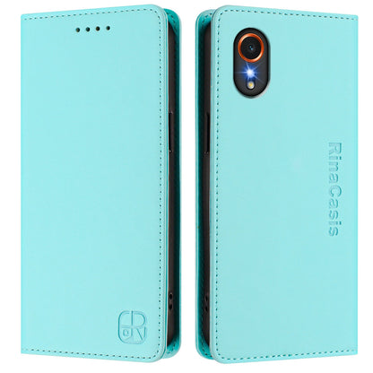 Samsung Galaxy XCover7 5G Dual-Folded Magnetic Suction RFID Blocking PU Leather Wallet Phone Case with Card Slots, Cash Pocket, Kickstand, Full Protective Flip Cover