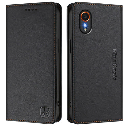 Samsung Galaxy XCover7 5G Dual-Folded Magnetic Suction RFID Blocking PU Leather Wallet Phone Case with Card Slots, Cash Pocket, Kickstand, Full Protective Flip Cover