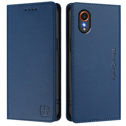 Samsung Galaxy XCover7 5G Dual-Folded Magnetic Suction RFID Blocking PU Leather Wallet Phone Case with Card Slots, Cash Pocket, Kickstand, Full Protective Flip Cover