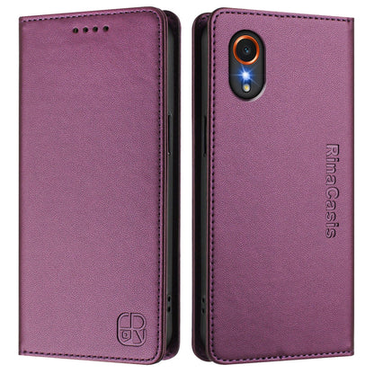 Samsung Galaxy XCover7 5G Dual-Folded Magnetic Suction RFID Blocking PU Leather Wallet Phone Case with Card Slots, Cash Pocket, Kickstand, Full Protective Flip Cover