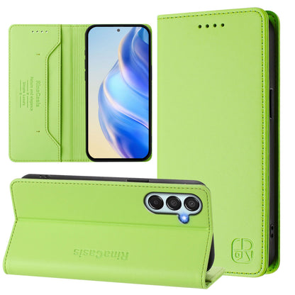 Samsung Galaxy M15 5G Dual-Folded Magnetic Suction RFID Blocking PU Leather Wallet Phone Case with Card Slots, Cash Pocket, Kickstand, Full Protective Flip Cover