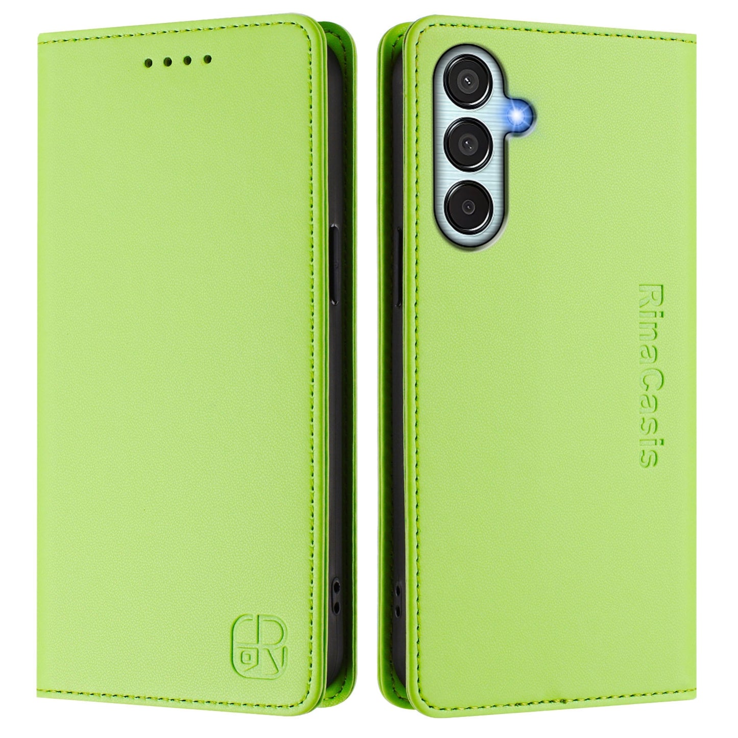 Samsung Galaxy M15 5G Dual-Folded Magnetic Suction RFID Blocking PU Leather Wallet Phone Case with Card Slots, Cash Pocket, Kickstand, Full Protective Flip Cover