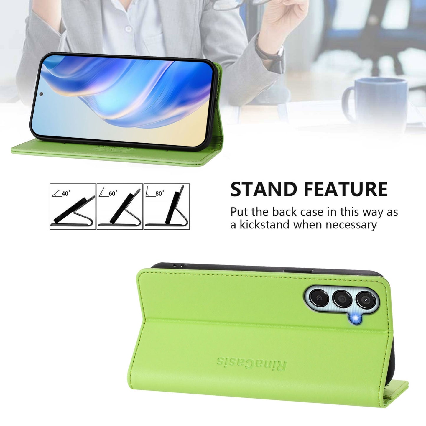 Samsung Galaxy F15 5G Dual-Folded Magnetic Suction RFID Blocking PU Leather Wallet Phone Case with Card Slots, Cash Pocket, Kickstand, Full Protective Flip Cover