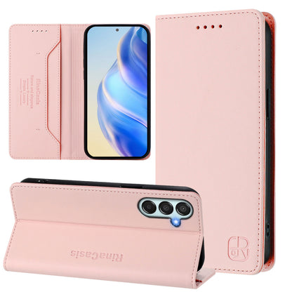 Samsung Galaxy M15 5G Dual-Folded Magnetic Suction RFID Blocking PU Leather Wallet Phone Case with Card Slots, Cash Pocket, Kickstand, Full Protective Flip Cover