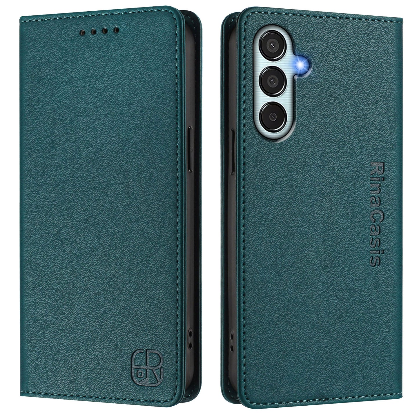 Samsung Galaxy M15 5G Dual-Folded Magnetic Suction RFID Blocking PU Leather Wallet Phone Case with Card Slots, Cash Pocket, Kickstand, Full Protective Flip Cover